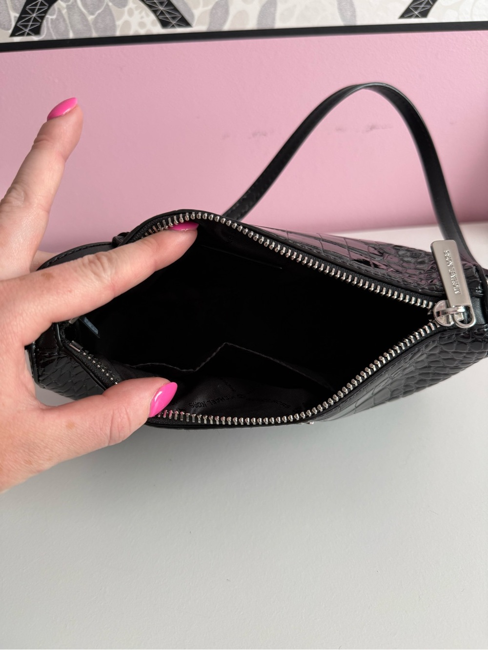 Michael Kors Black Croc-Embossed Mini Top-Handle Bag - Picture 7 of 7